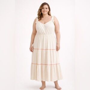 LC Lauren Conrad XXL Boho Cottagecore Tiered Maxi Dress Cream Ruched Strap Dress